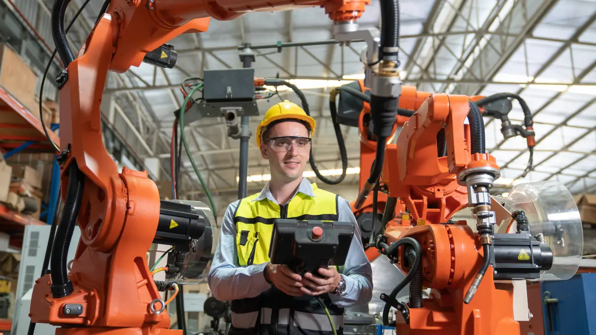 Inginer programator ținând consola de învățare lângă doi roboți industriali articulați într-o celulă de producție automatizată