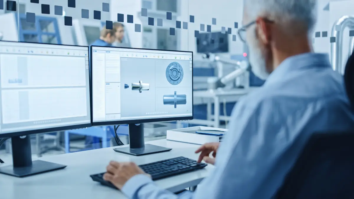 Inginer industrial lucrând cu software CAD 3D pe monitoare duale pentru modelare parametrică și directă