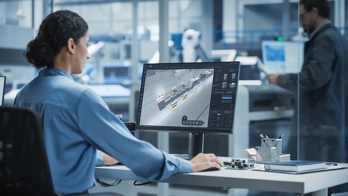 Inginer lucrând pe un model 3D al unei linii de producție automatizate, parte dintr-un proiect de modernizare industrială